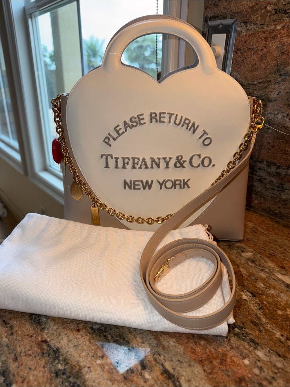 Tiffany & Co. White and Taupe Heart Crossbody with Gold Hardware